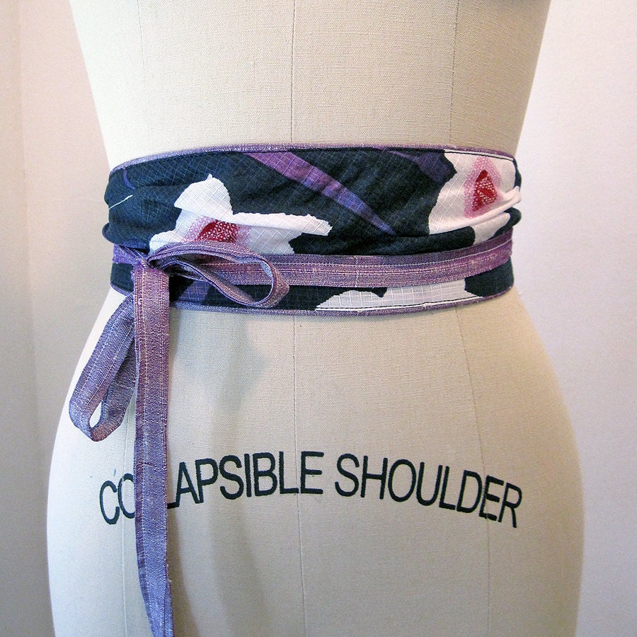 Summer SALE - Silk Obi waist belt / Floral & purple Reversible kimono textile sash belt - one size