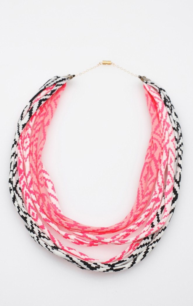 Hand Printed Fabric Necklace in Pink White and Black