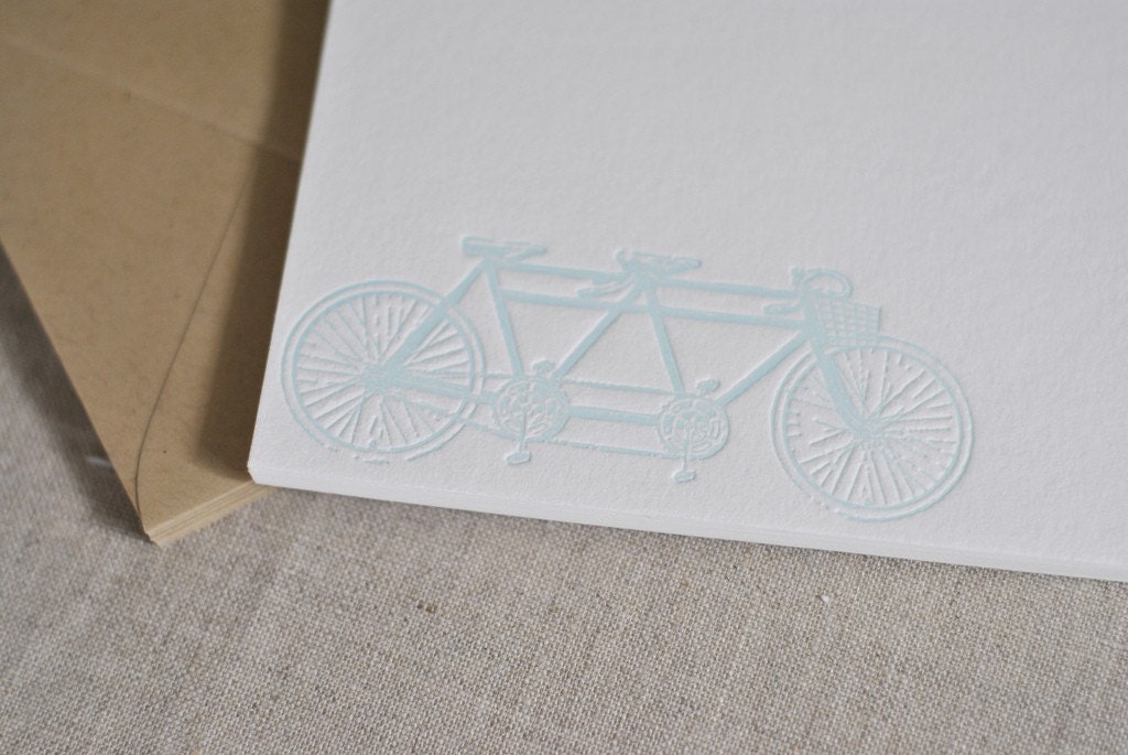 Letterpress Flat Card Set- A2 Tandem Bike with Basket in light aqua