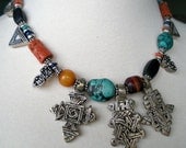 Coral Lapis Turquoise Silver Necklace with Telsum and Coptic Crosses from Ethiopia