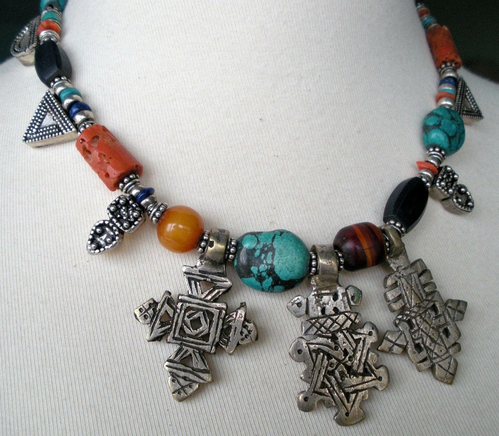 Coral Lapis Turquoise Silver Necklace with Telsum and Coptic Crosses from Ethiopia