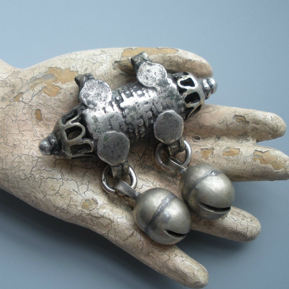 Ethnic Silver Amulet Pendant Bead with Bell Dangles