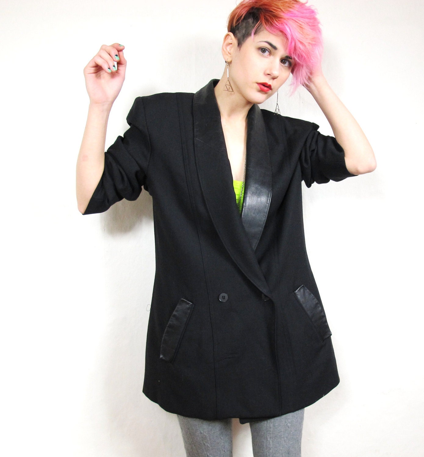 80s Minimalist Black Wool Tuxedo Blazer with Leather Collar (M/L)