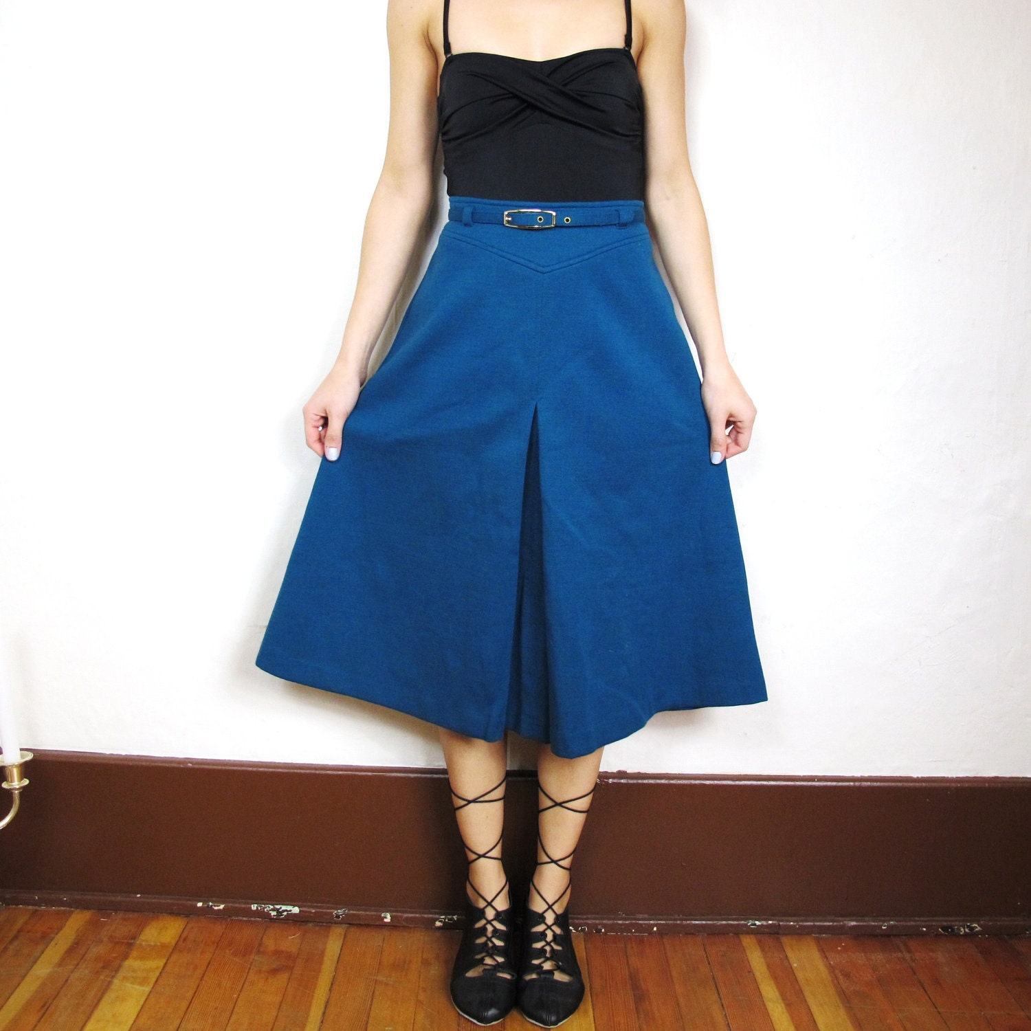 70s Preppy Teal Belted Wool A Line Skirt (M)