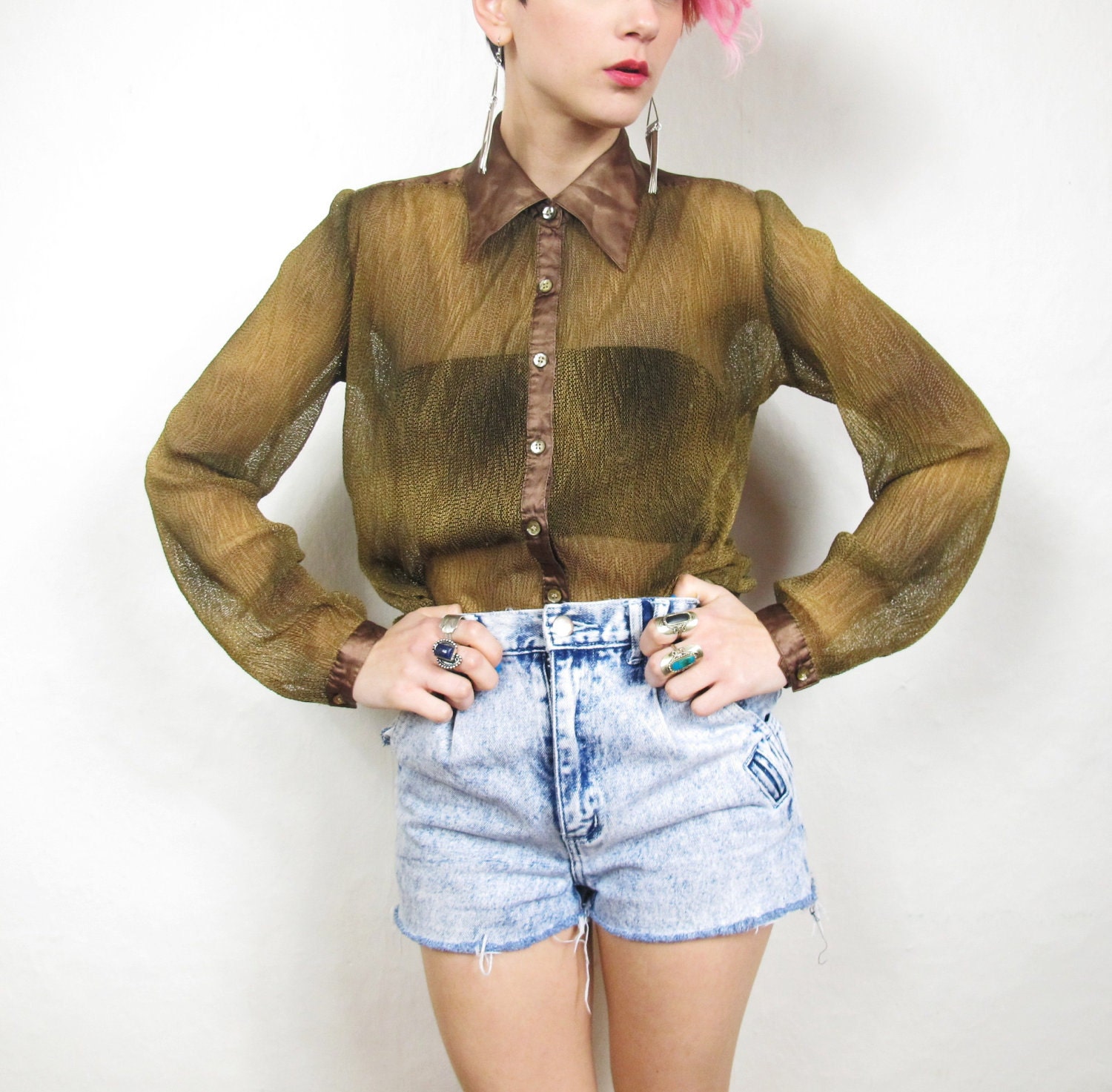 90s Ombre and Satin Gorgeous Sheer Blouse (S/M)