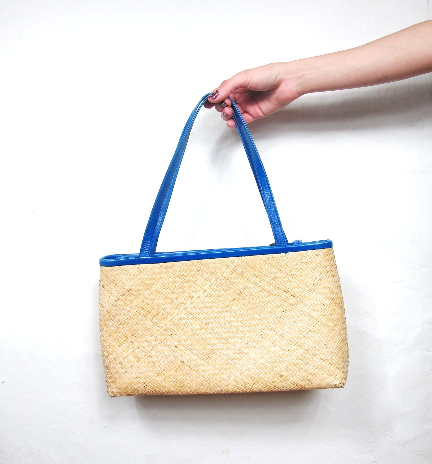 60s Woven Straw and Blue Leather Purse