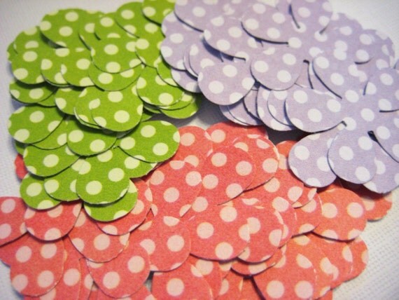 Polka dot flower confetti, pink, green, and purple, 48 pieces