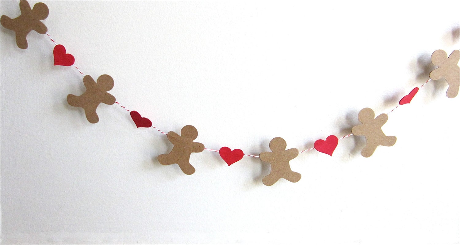 Gingerbread Love: Gingerbread Garland/ Mini Paper Bunting/ Hearts Garland - 6' long - GingerCreations