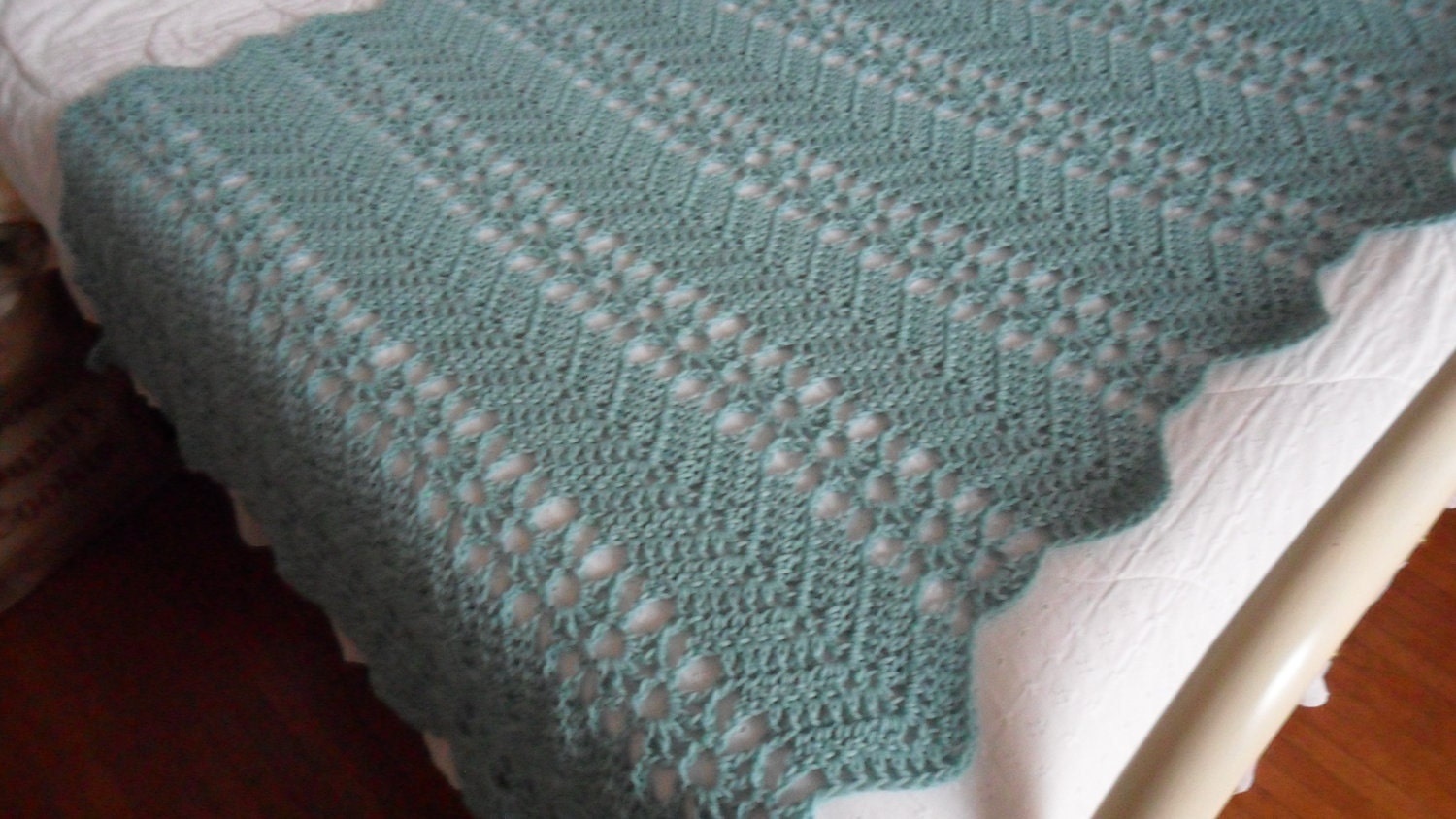 X Large Hand Crocheted 'LACY RIPPLE' Sage  Cozy Cover Throw Afghan Blanket