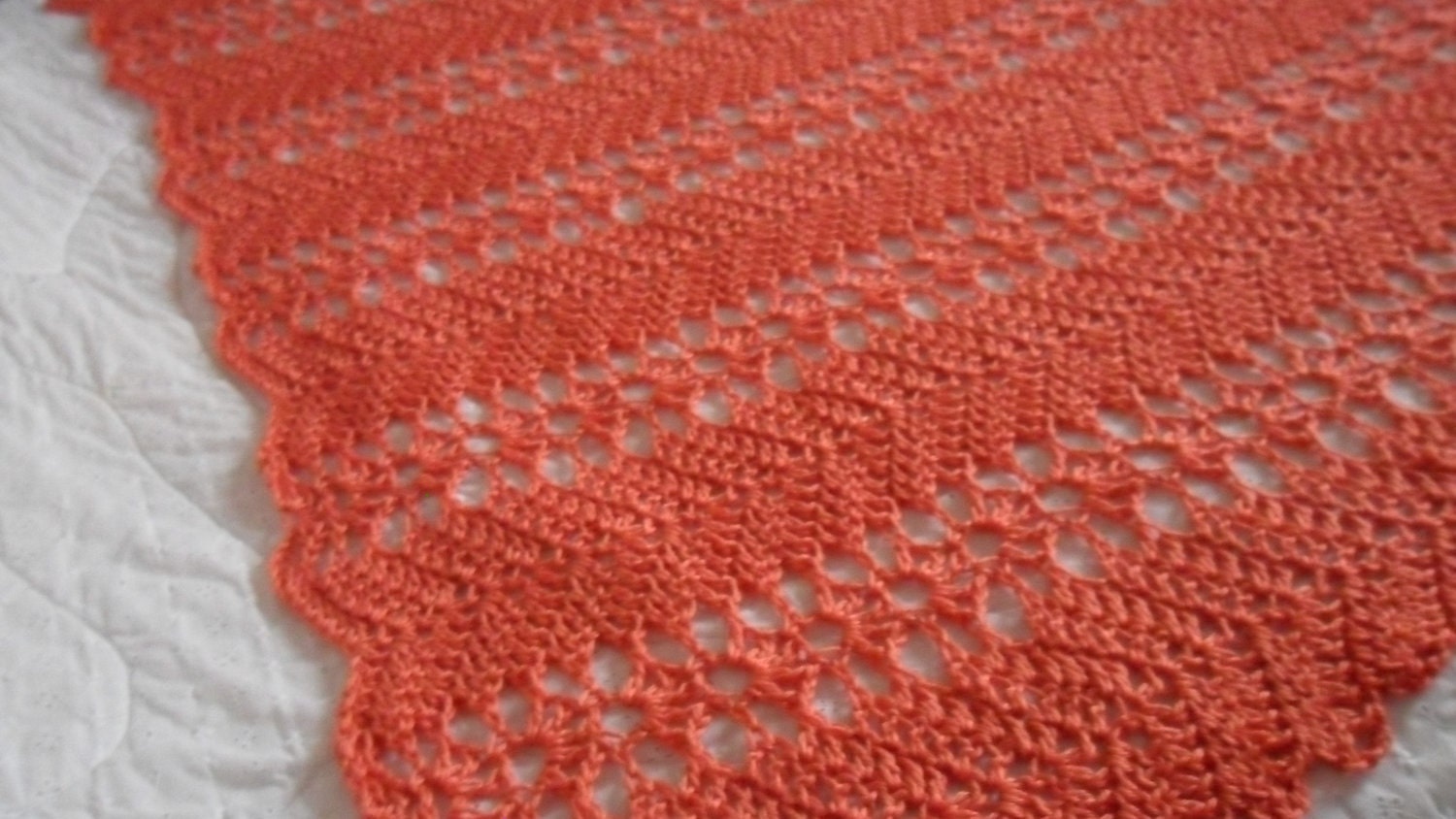 Large Hand Crocheted Coral ' LACY RIPPLE' Afghan Blanket Cozy Cover