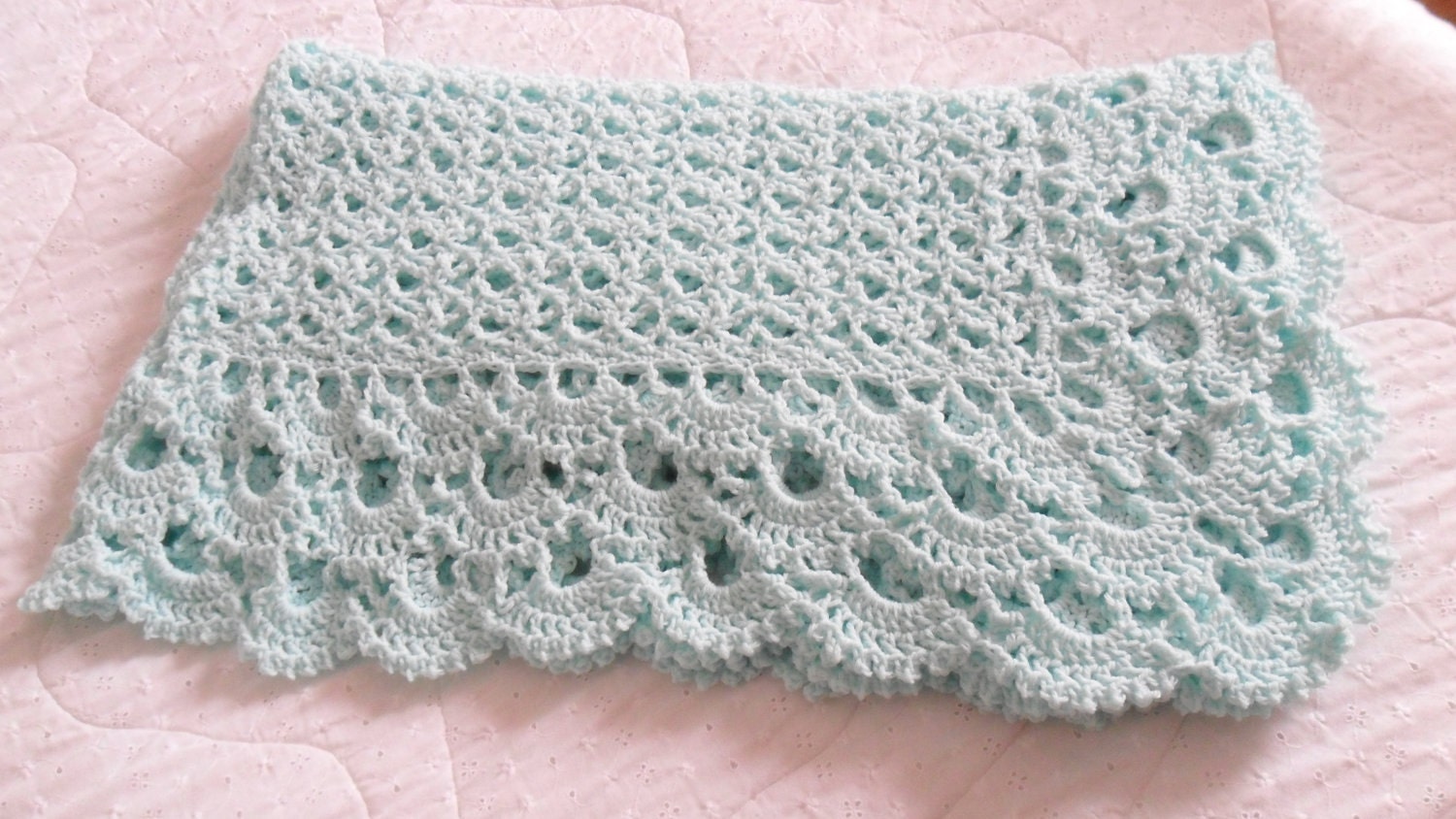 X-Large Hand Crocheted Pastel Ice Blue 'SHELLS GALORE' Cozy Cover Throw Afghan Blanket