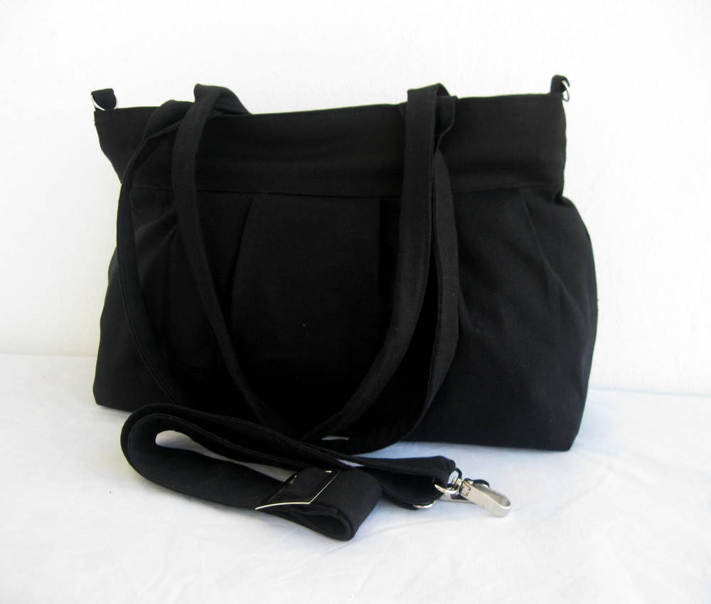 Black Bag-Pleated Bag-Large-Double Straps and Adjustable to Straps-6 Large Pockets-Zipper Closure