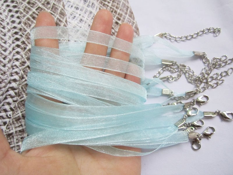 LIGHT BLUE new handmade 15pcs 16-18 inch adjustable 7mm width 2 voile organza ribbon necklace cords with lobster clasps