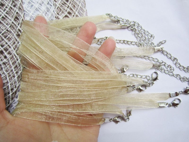 ECRU new handmade 15pcs 16-18 inch adjustable 7mm width 2 voile organza ribbon necklace cords with lobster clasps