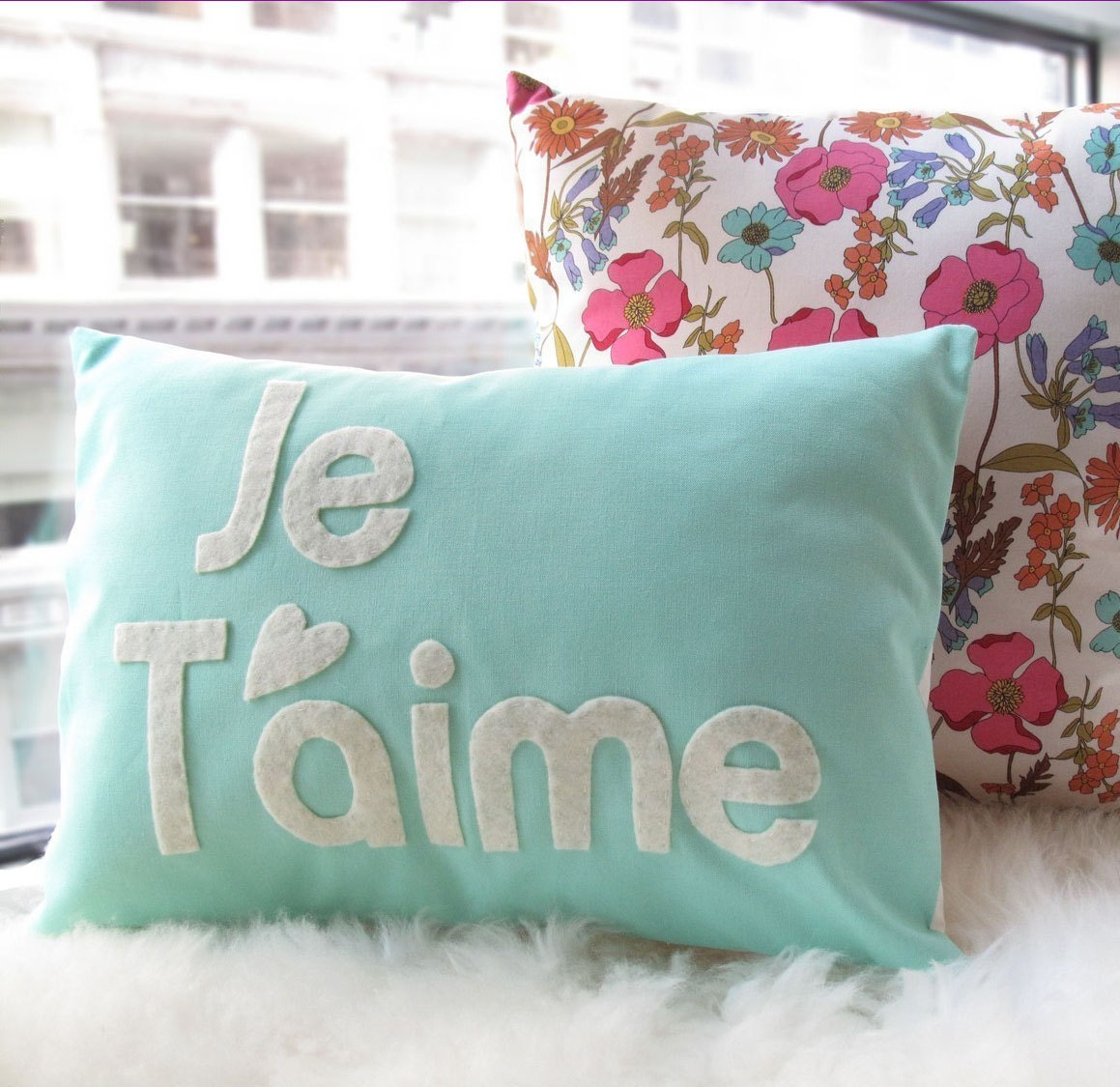 Je T'aime Pillow in Light Teal