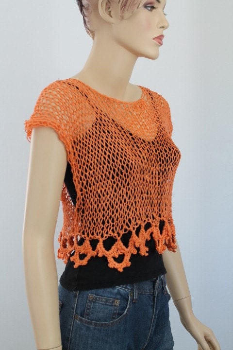 Linen Orange Hand knitted and  Crocheted  Sweater Tank Top Summer Women