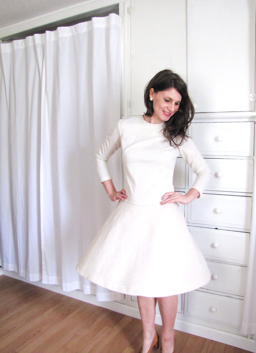 Vintage 1960's Creamy White and Wheat Striped Scooter Dress