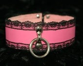 Liquid Nymph Pink Leather and Black Lace Fetish Bondage Collar