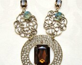 Vintage Glass Brown Rhinestone and Round Filigree Connector Necklace