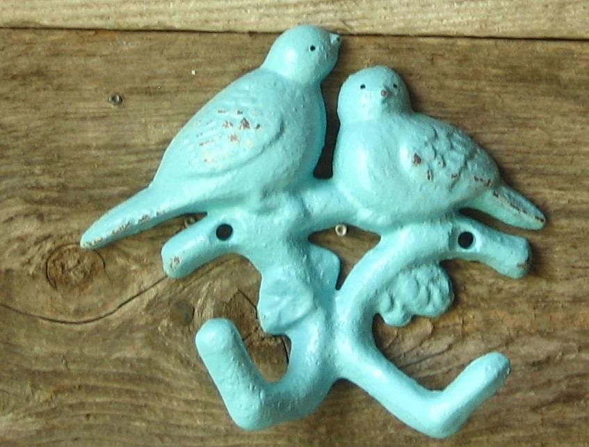 Wall Hook - Double hook - Shabby and Distressed - Jewelry Holder - Cast Iron - Cottage Chic/ Robins Egg Blue