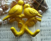 Bird Wall Hook - Double hook - Shabby and Distressed - Jewelry Holder - Cast Iron - Cottage Chic/ Yellow