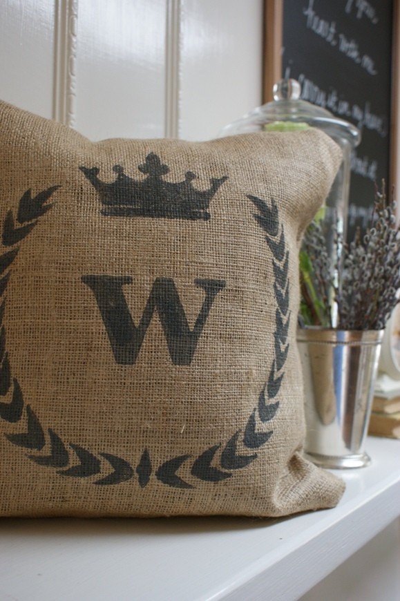 Sweetly Handpainted Monogrammed Burlap Pillow Cover