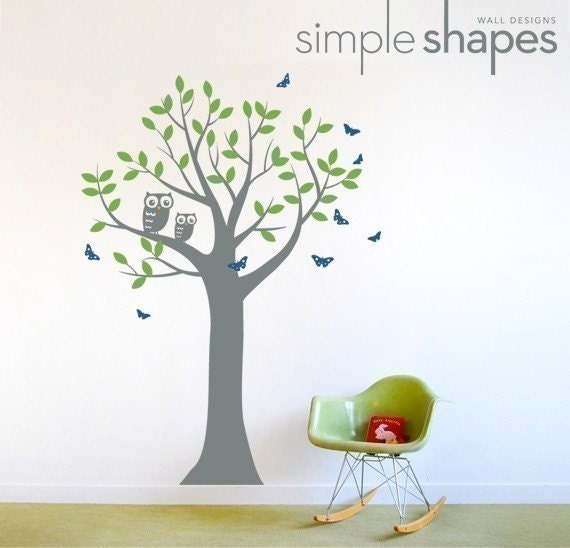 Tree with Two Owls and Butterflies Decal Set - Boy and Girl Kid's Room Wall Sticker