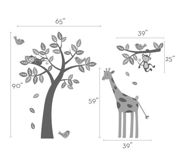 Children wall decals - Monkey Giraffe and Birds Tree and Branch Set