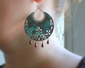 Tribal Statement Earrings Southwestern Jewelry Turquoise Patina Medallion Glass Teardrop, Shield-Gift Under 25