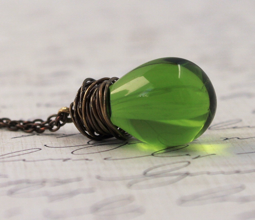 SALE Green Necklace Wire Wrapped Necklace Green Glass Teardrop Brass St Patricks Day Jewelry, Clover