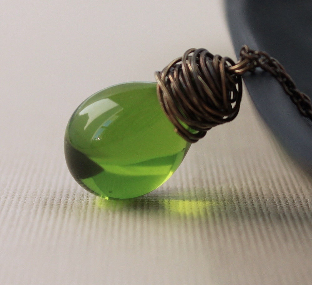SALE Green Necklace Wire Wrapped Necklace Green Glass Teardrop Brass St Patricks Day Jewelry, Clover