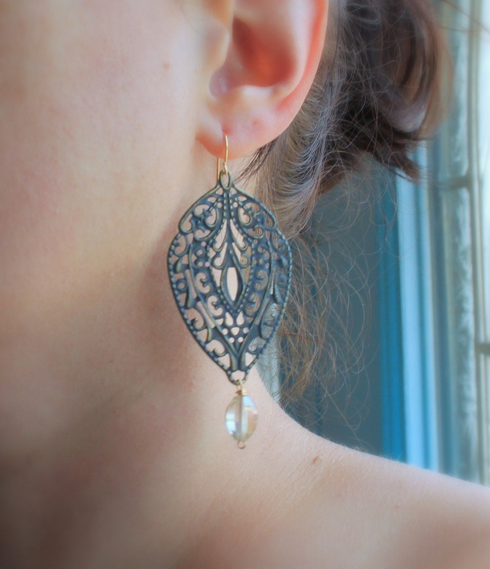 Blue Filigree Earrings Chandelier Earrings Boho Jewelry Golden Czech Glass, Marina