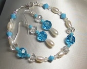 Aqua and White Pearl Crystal Bracelet and Earrings Set
