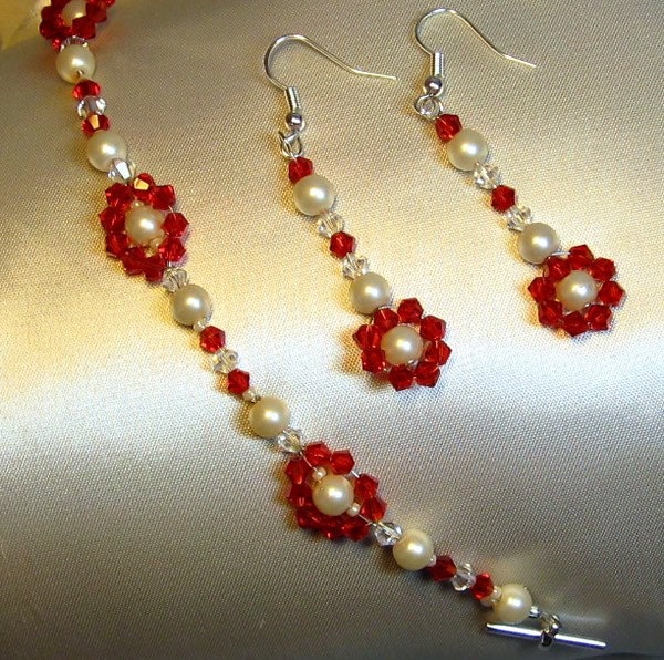 Red and White Crystal and Pearl Floral Holiday Bracelet and Earring Set