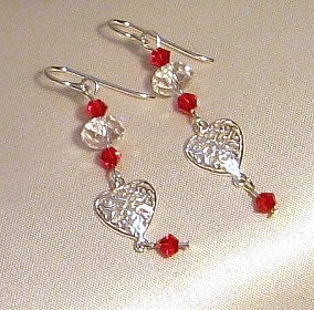 Sterling Silver Heart and Red Crystal Earrings - Set 1