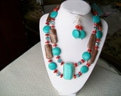 Handmade Beaded Necklace Southwestern Turquoise Red and Brown Colored Huge Runway Look Necklace and Earring Set