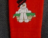 Red velour fingertip towel with embroidered snowman
