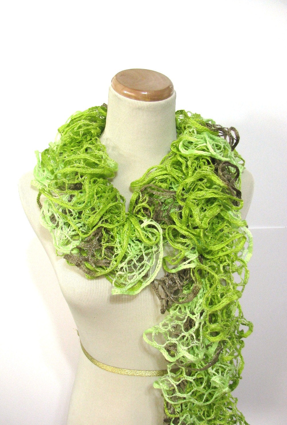 Neon Lime Green Ruffle Scarf - Hand Knit