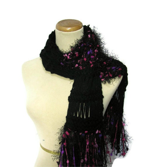 Sale Flaming Fuchsia and Black Hand Knit Scarf