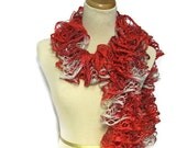 Holiday Hand Knit Ruffled Scarf -  Variegated Red Gray