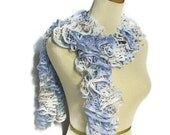 Hand Knit Scarf - Ruffled - Blue White Gray