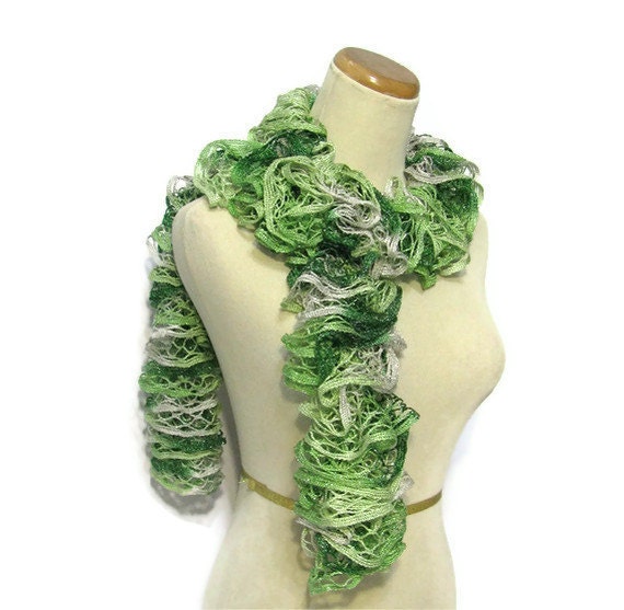 Holiday Hand Knit Scarf - Ruffled - Variegated Green