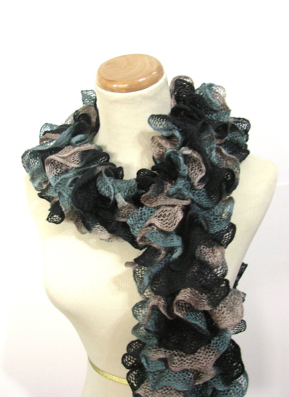Hand Knit Ruffled Scarf - Black Teal Taupe