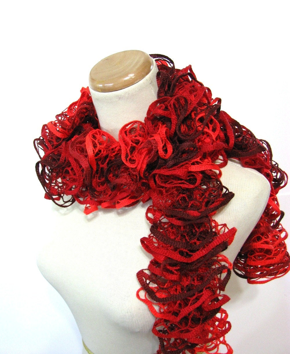 Valentines Day Red Ruffled Scarf - Hand Knit