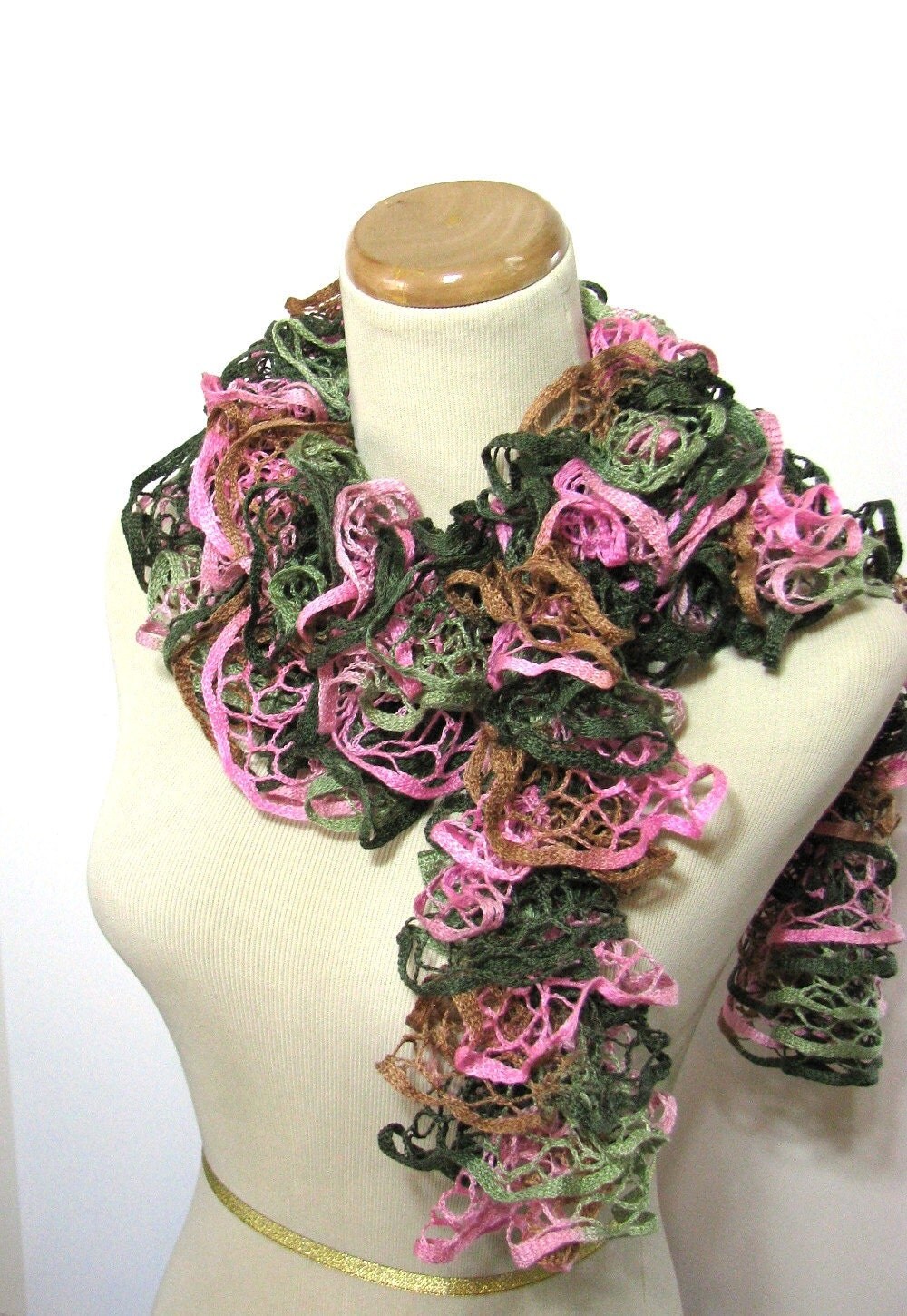 Hand Knit Ruffled Scarf - Pink Green Brown Women Accessories Scarves