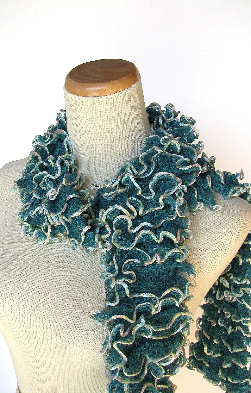 Teal Hand Knit Ruffled Scarf