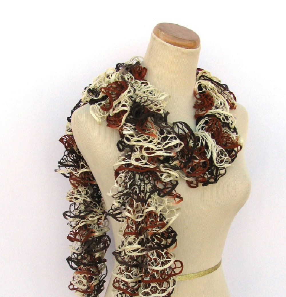 Hand Knit Ruffled Scarf - Brown Rust Tan Cream