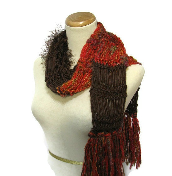 Sale Rustica Hand Knit Scarf Reds and Brown
