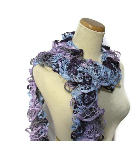 Hand Knit Ruffled Scarf - Purple Blue Burgundy Gray