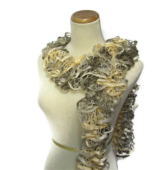 Hand Knit Ruffed Scarf - Buttercup Yellow Taupe